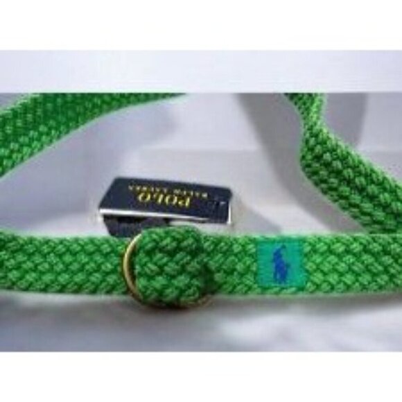 Polo Ralph Lauren Green Webbed Cotton ORing Belt Leather Trim Braided New Large - Picture 4 of 7